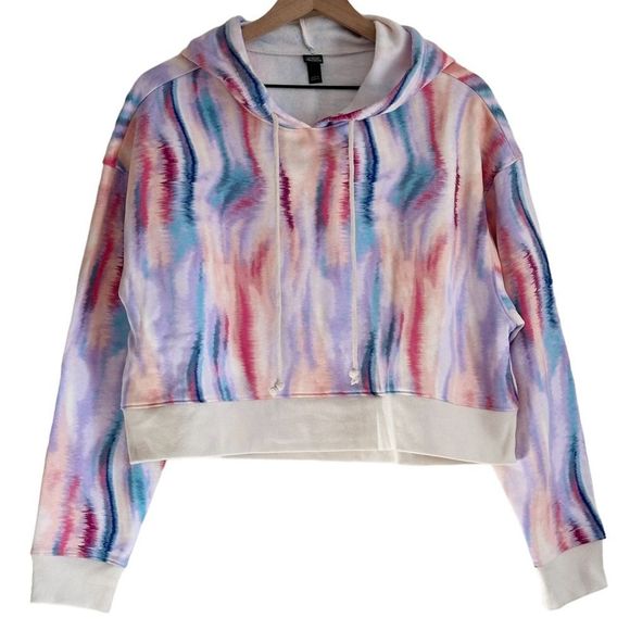 Watercolor Tie Dye Long Sleeve Cropped Pullover Hoodie Sweatshirt Size Large - Picture 3 of 5